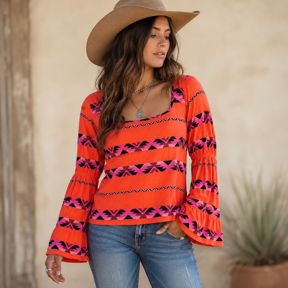 Wrangler Retro Orange Pink Bell Sleeve Top Square Neck Festival Western Boho XL